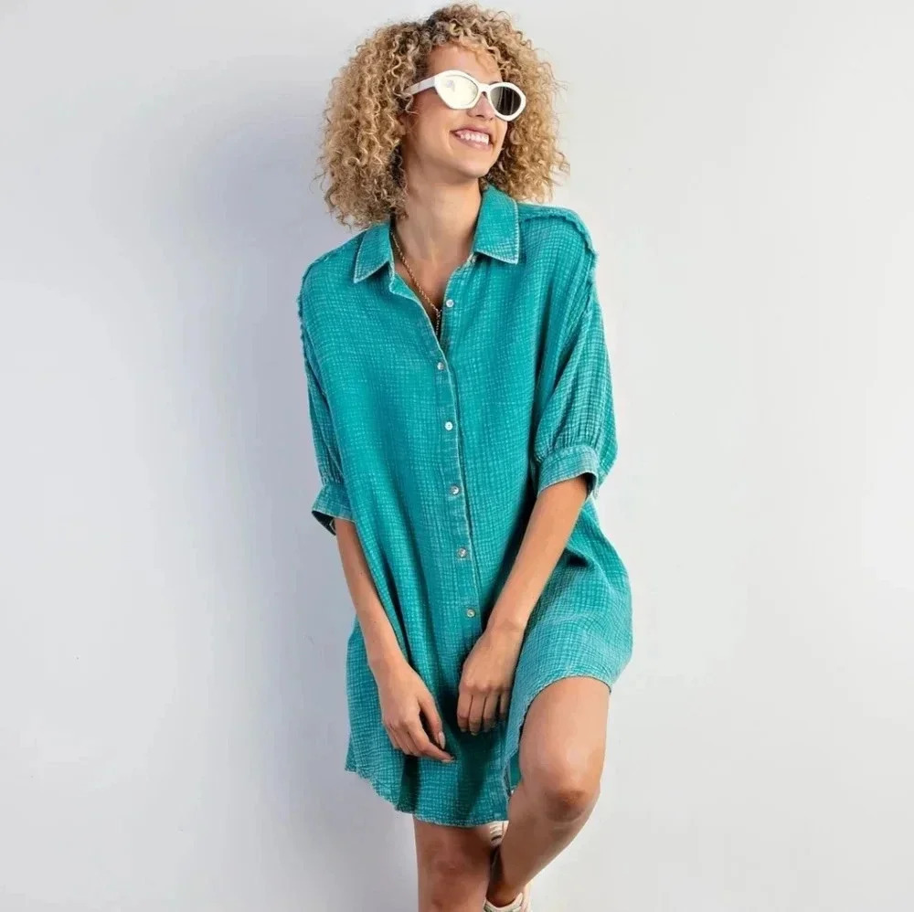 Easel Washed Cotton Gauze Button Down Shirt Dress New